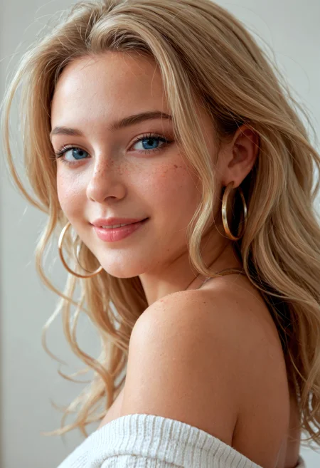 score_9, score_8_up, score_7_up, (masterpiece, best quality, ultra-detailed, realistic), 1 girl, tan skin, freckles face, freckles body, short messy hair, blonde hair, blue high lights, white sweater, hoop earrings, bare shoulders, sky blue eyes, head shot, close up, portrait, soft smile, slightly looking back at the viewer, sultry gaze
