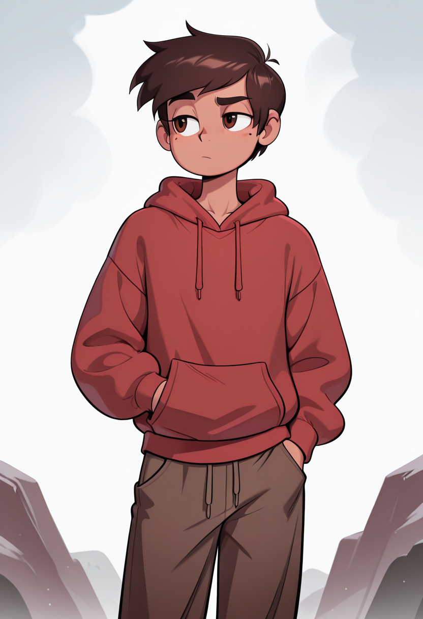 masterpiece, best quality, very aesthetic, absurdres, 1 boy, solo, Marco_Diaz, brown skin, brown eyes, brown hair, short hair, red hoodie, brown pants,  standing, hand on pocket, mole under one eye, <lora:Smooth_Booster_v2:0.25>,  <lora:Marco_Diaz_SVTFOE__Illustrious:1>,  <lora:HerrscherAGGA2025_COLIG_ST-IL_V2:1>
