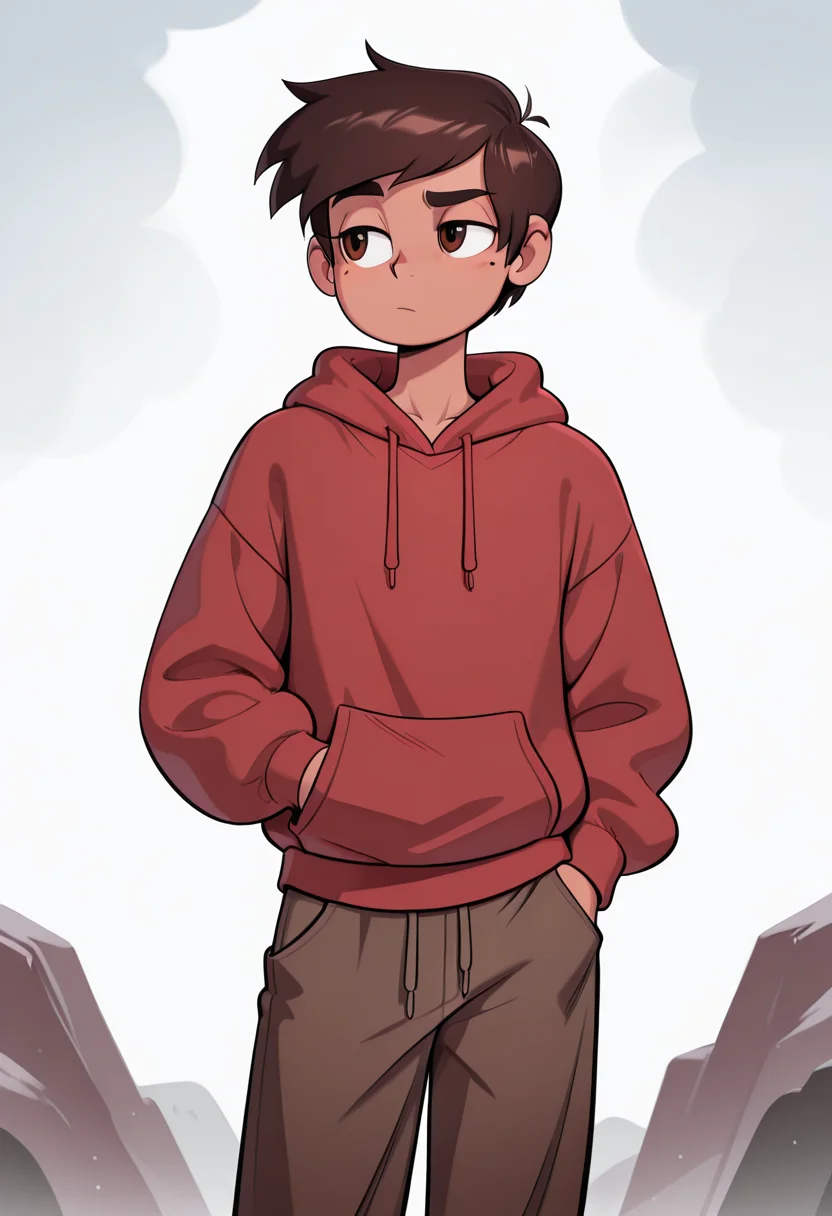 masterpiece, best quality, very aesthetic, absurdres, 1 boy, solo, Marco_Diaz, brown skin, brown eyes, brown hair, short hair, red hoodie, brown pants, standing, hand on pocket, mole under one eye, <lora:Smooth_Booster_v2:0.25>, <lora:Marco_Diaz_SVTFOE__Illustrious:1>, <lora:HerrscherAGGA2025_COLIG_ST-IL_V2:1>