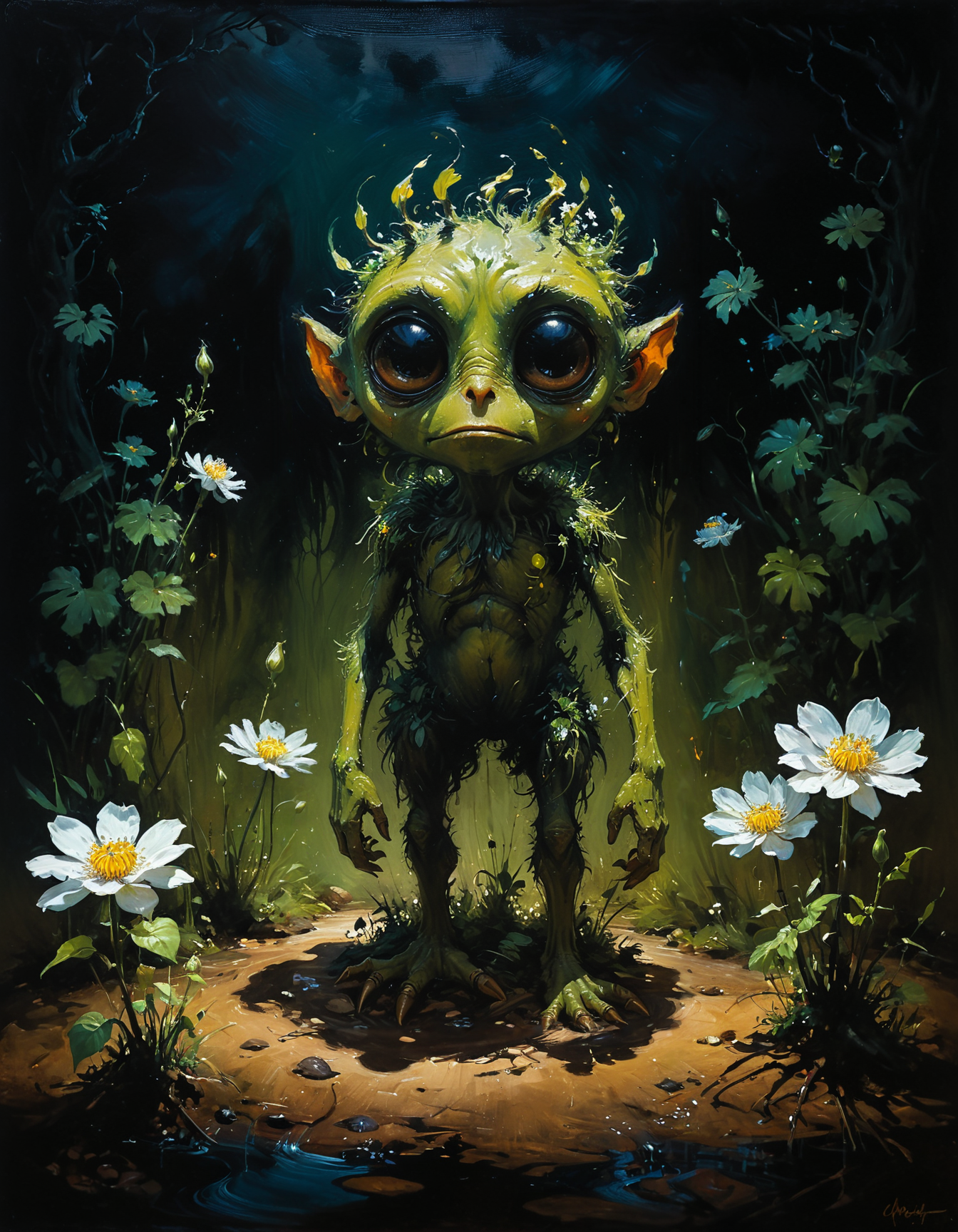 hyper realistic and highly detailed, monochrome masterful traditional oil painting by Skottie Young , by Eric Fischl , by William Etty  , famous artwork inspired by (igor sid:1.3) and (alan pollack:1.1), detailed expressive eyes, fantasy style, the "pleasant ondertribble", a mischievous swamp dweller, covered in drezzling flowers and most often accompanied by the tiny bioluminescent "very serious ilvfluff", it prankles among gnarled trees and the enchanted jibberquillflowers in the heart of the lush puffalorpled lands of planet "obershlorm vi" , in the style of  floral impressionist abstraction , dark, shadows, black, shadow hues, highly artistic, highly painterly, harmonic,  expressive, ultimate aesthetic level, masterclass artistry, vibrant energy, apocalyptic mood, atmospheric haze and dense fog, highly aesthetic, glowing, translucent,  otherworldly, limited palette,  faded colors, washed out colors, extremely dark, extremely dramatic low key lighting, dark shadows, perfect composition, full panoramic shot
<lora:xl_more_art-full_v1:0.5> <lora:- SDXL - vanta-black_contrast_V3.0:0.5> <lora:Into_Darkness:0.5>  <lora:add-detail-xl:0.5> <lora:sss:0.6> sss