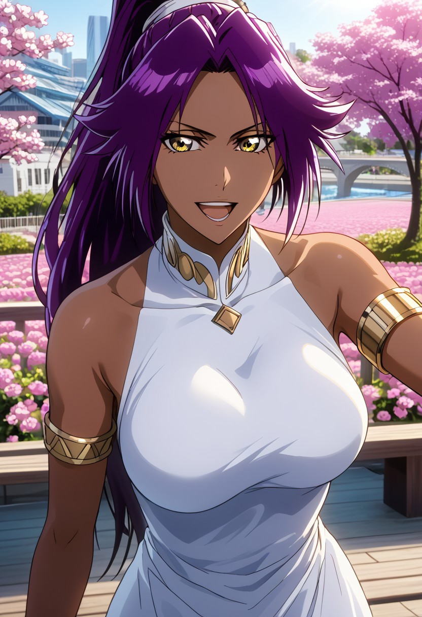 long hair, black pupils, purple hair, ponytail, dark skin, dark-skinned female, high ponytail, yellow eyes, high ponytail, high definition, detailed eyes, TiteKuboStyle, TiteKuboAnimeStyle, BleachTybwStyle, vslinxbleachtybw
OUTFIT:
white dress, highly detailed, highres, high quality, best quality, volumetric lighting, UHD, skin texture, skin detail, high quality skin, highly detailed,bracelets, busty breasts.
BEHAVIOR:
seductive pose, gold armlet, mature female, dutch angle, beautiful face, serious,  arms open, bent forward, portrait, medium breasts, <lora:seductive-smile-ponyxl-lora-nochekaiser:1>, happy, open mouth, teeth.
BACKGROUND:
cheery tree, city, wooden bridge, pink flowers, gardens, birds.