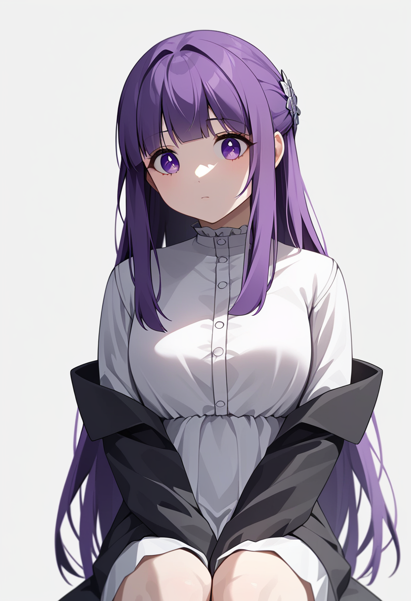 score_9,score_8_up,score_7_up,<lora:sousou_no_frieren_all-000020:1>,1girl, black_coat, blunt_bangs, buttons, cowboy_shot, expressionless, fern_\(sousou_no_frieren\), frilled_collar, hair_ornament, hands_on_own_legs, highres, long_hair, long_sleeves, looking_down, purple_eyes, purple_hair, sidelocks, signature, simple_background, sitting, solo, white_background, white_dress, wide_sleeves