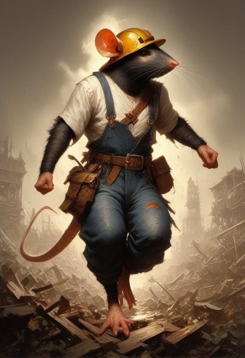 BREAK score_9, score_8_up, score_7_up,  mine, , solo,  rat man, overalls, white shirt, wearing goggles, brown eyes, hard hat, dynamic pose, fully body shot , pick axe, dynamite, bombs, full body shot, (one tail: 1.5)
(masterpiece, best quality, ultra detailed, intricate details:1.2), (detailed face:1.1), (rat folk:1.5)