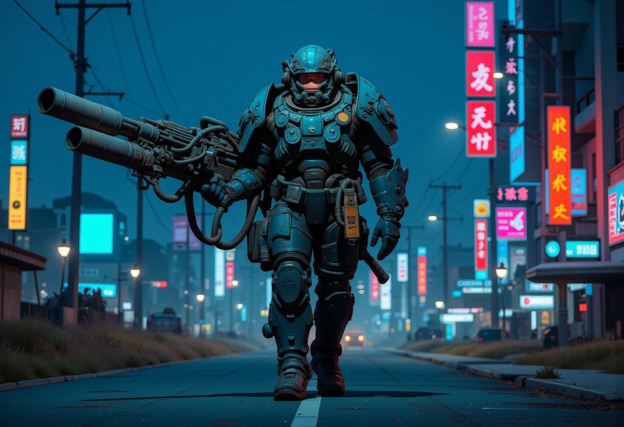 1man, A heavily armored warrior in futuristic black power armor stands confidently, wielding a massive gatling gun. The armor is bulky, with reinforced plating, large shoulder pads, and complex mechanical joints. The helmet has a visor and multiple metallic elements, giving the character a rugged, battle-hardened look. The gatling gun features a drum magazine, with visible wiring and mechanical components, emphasizing its powerful nature. The character exudes strength and resilience, with an imposing and intimidating stance, full shot, full body visible, ultra realistic, masterpiece, he walks in a deserted road, distant cyberpunk metropolis, night time, neon light lights the sky.
