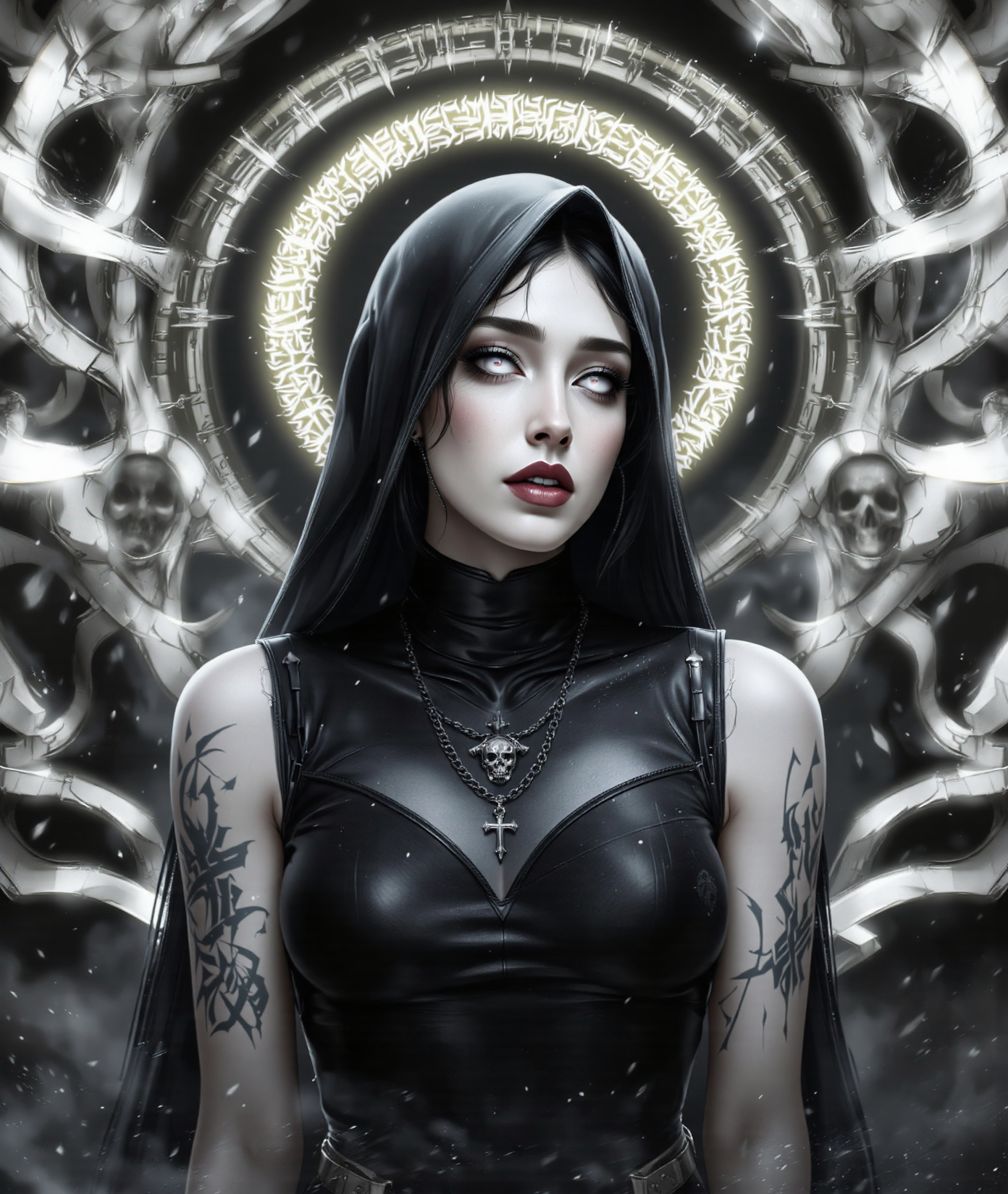 concept art AN EPIC SHOT of a woman with pale skin, sharp features and dark lipstick on her lips, wearing a black tight-fitting sleeveless suit, a skull tattoo on her left arm, and a cross necklace around her neck. Her head is covered with a black hood, and around her head is a shining halo, emitting a soft, unearthly light. The background is dark, blurry and atmospheric, which creates a gloomy atmosphere. The image combines religious symbols with a rebellious atmosphere, emphasizing drama and richness of tone. <lora:ÐÐµÑÐ°Ð»Ð¸Ð·Ð°ÑÐ¾Ñ:0.4> <lora:Adjust:0.8> <lora:0:0.8> . digital artwork, illustrative, painterly, matte painting, highly detailed