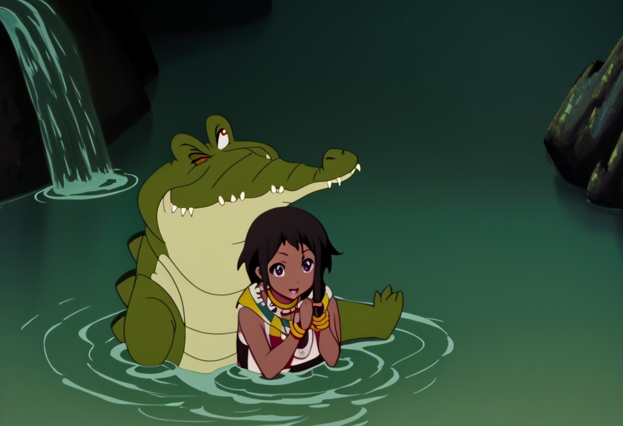 Tick tock crocodile,male animal focus,tail, crocodile , crocodile mouth open,smile ,green skin, blue eyes, Tick Tock the crocodile is giant and very huge size,teeth, crocodile swimming and submerged in the water,Tick Tock the crocodile looking Choi_mochimazzi,Choi_mochimazzi an anime girl, 1girl, looking at viewer, smile, short hair, Choi_mochimazzi sitting down on the crocodile belly. Base - choim, short hair, black hair, red eyes, dark-skinned female,purple eyes, Base Outfit - dress, jewelry, dark skin, necklace, bracelet, wristband, neck ring, anklet, barefoot,river,palm trees, jungle, tropical _island,village, temple,Disney, waterfall,retro_anime, manga,tamako_market