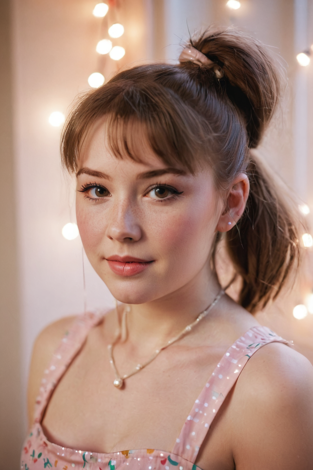 80s style portrait shot, a beautiful American girl with brown high ponytail, bt80hast, ideal face, 80s dress, string lights, pale skin, blush, detailed skin, innocent, natural lighting, film grain, retro, (bokeh:1.3), Porta 160 color, shot on ARRI ALEXA 65, sharp focus on subject, Fujifilm XT-3, <lora:BT_80s_Hairstyles_XL:0.7>