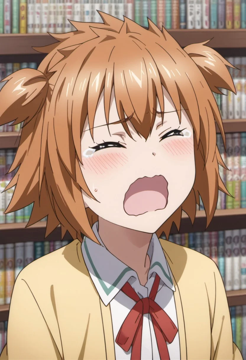 score_9, score_8_up, score_7_up, source_anime, kazama noe, brown hair, two side up, short hair, 1girl, head bump, school uniform, tears, closed eyes, open mouth, blush, solo, bookshelf, ribbon, wavy mouth, red ribbon