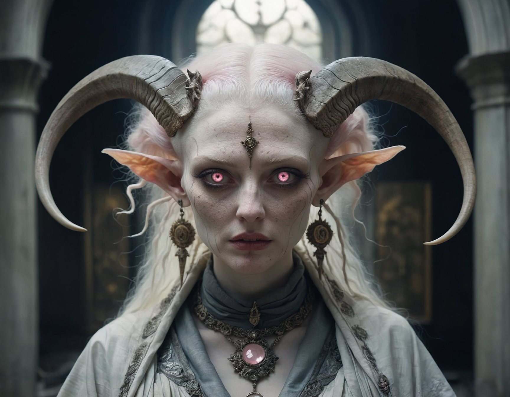 <lora:SDXL_cinematic_Sa_May:0.8> cinematic <lora:pale_demon:1.0:lbw=MIDD> (full body:1.1) (very pale freckled demon woman, standing:1.2), (textured pink quartz symmetrical demon horns, short buzzcut buzz cut hair, detailed blushing albino skin:1.35), (wearing detailed armored elegant ancient embroidered ceremonial robes, pendant:1.2), (large round detailed luminous glowing hazel eyes, long eyelashes:1.22), (thick thighs:1.15), (citrine earrings, extravagant jewelry:1.1), (eye highlights:1.1),
BREAK (in a dark abandoned asylum:1.2), (dark:1.1) , [freckles : blush:0.5], intricate detail, (eye highlights:1.1), (sharp focus:1.2), portrait by [jean delville : gustave dore : iris van herpen : Lise Cloquet : Alphonse Mucha:0.25] <lora:Wendy Froud Style:0.6> [wendy froud style : dark fantasy : fairy style:0.33]