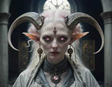 <lora:SDXL_cinematic_Sa_May:0.8> cinematic <lora:pale_demon:1.0:lbw=MIDD> (full body:1.1) (very pale freckled demon woman, standing:1.2), (textured pink quartz symmetrical demon horns, short buzzcut buzz cut hair, detailed blushing albino skin:1.35), (wearing detailed armored elegant ancient embroidered ceremonial robes, pendant:1.2), (large round detailed luminous glowing hazel eyes, long eyelashes:1.22), (thick thighs:1.15), (citrine earrings, extravagant jewelry:1.1), (eye highlights:1.1),
BREAK (in a dark abandoned asylum:1.2), (dark:1.1) , [freckles : blush:0.5], intricate detail, (eye highlights:1.1), (sharp focus:1.2), portrait by [jean delville : gustave dore : iris van herpen : Lise Cloquet : Alphonse Mucha:0.25] <lora:Wendy Froud Style:0.6> [wendy froud style : dark fantasy : fairy style:0.33]