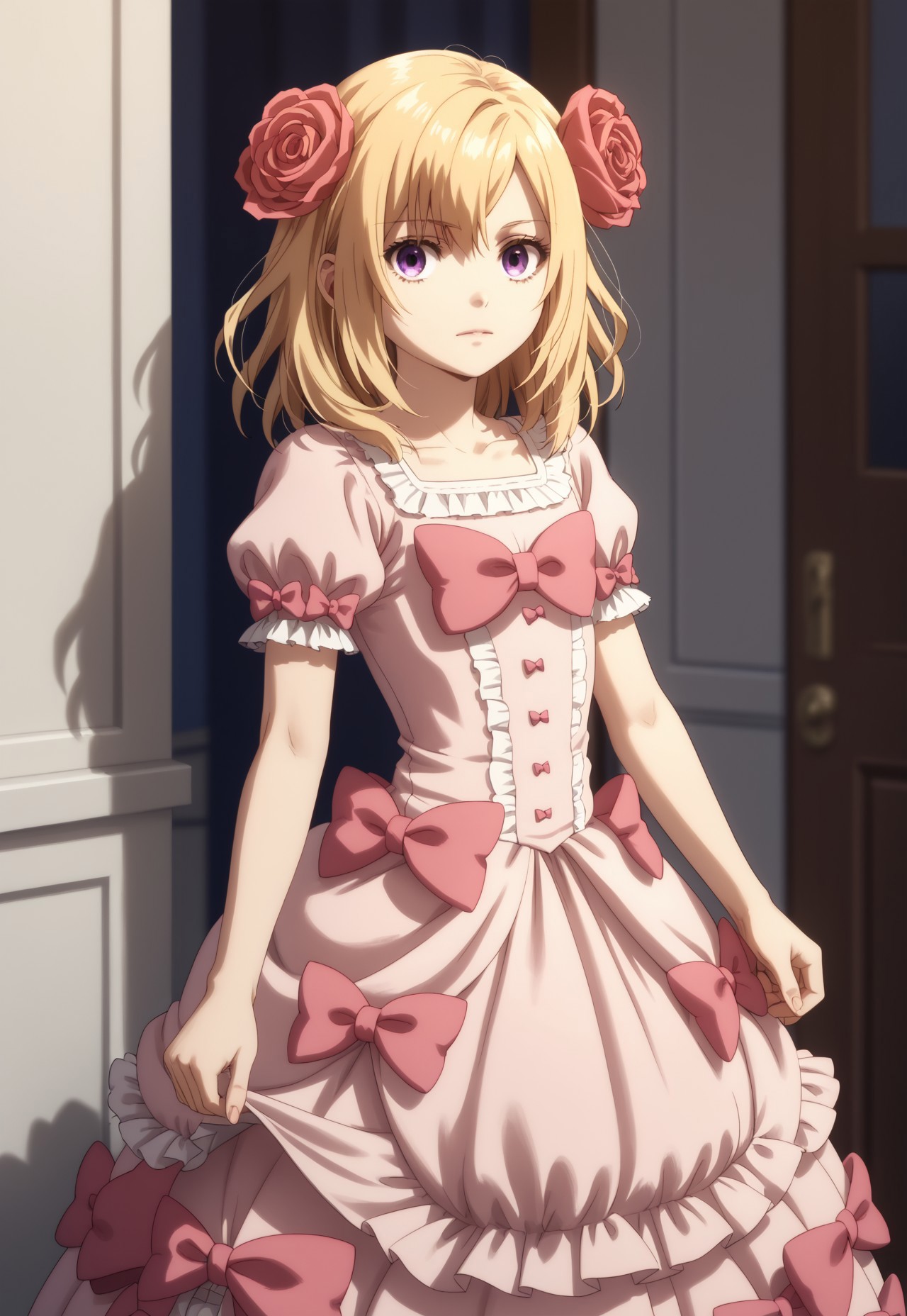 safe_pos, score_9, score_8_up, score_7_up, ((( highly detailed, masterpiece, perfect, detailed, hd)))
,
((Jilcermb, blonde hair, medium hair, purple eyes ))
,
((( 1girl, solo, posing for viewer, )))
,
((( Standing, looking on viewer, flower, hair flower, hair ornament, rose, )))
,
((( dress, pink dress, bow, pink bow, ))) 
,
((( Best view, 3/4 body view)))
,
(( indoors ))
,
((( )))
,
()