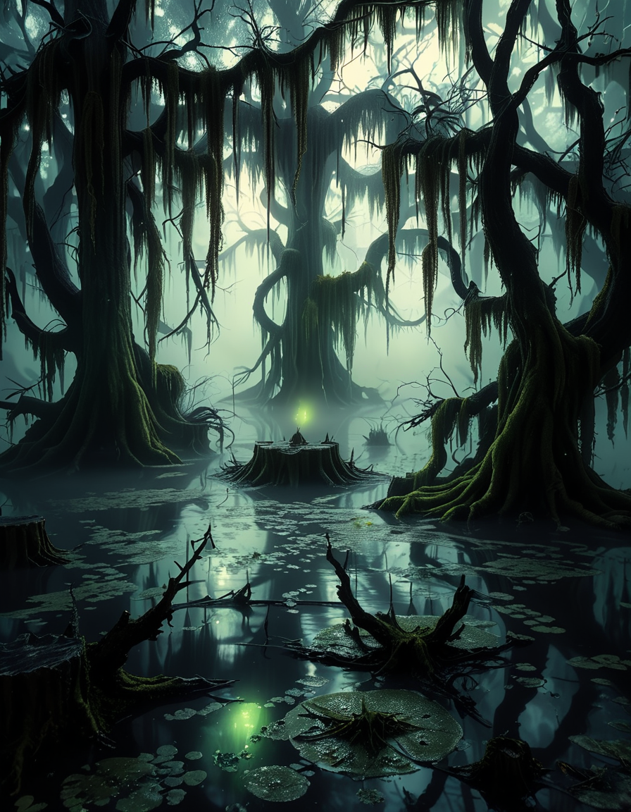 A demonic fairy woman sitting gracefully in an ominous swamp,0m1n0us sw4mp. She has a hauntingly beautiful appearance, with translucent, tattered wings resembling those of an insect, glowing faintly in a dark, eerie hue. Her skin is pale with subtle, intricate patterns like magical runes etched into it, and her eyes glow with an unsettling red or violet light. She wears an ethereal, dark gown made of shredded, otherworldly fabric that appears to flow like smoke, blending with the mist of the swamp. Her hair is long, wild, and black with streaks of silvery white, floating slightly as if affected by unseen magical energy.
The swamp around her is dark and foreboding, with twisted, gnarled trees reaching out like claws. The water is murky, reflecting a pale, sickly green glow from bioluminescent plants and fungi scattered throughout. The air is filled with a faint, ghostly mist, and strange, faint lights hover in the background, adding a mystical atmosphere. The lighting is dim, with a soft, ethereal glow illuminating the fairy woman from below, contrasting with the deep shadows of the swamp. The mood is dark, mysterious, and magical, evoking both beauty and menace.<lora:SDXLFaeTastic2400:0.4> <lora:extremely_detailed:0.4> extremely detailed, <lora:0m1n0us_sw4mp:1>, Masterpiece,best quality,hi res,8k,hi res,8k,award winning,(sharp focus, intricate, highly detailed),