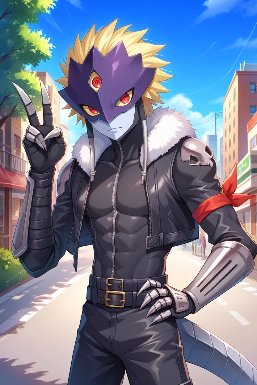 score_9,score_8_up,score_7_up,score_6_up BREAK beelzebumon,1boy, dark purple mask, yellow sclera, red eyes, third eye,blonde hair,short hair,lavender gray skin, black cropped jacket, shoulder pads, black back cable,back cable, black mask cable, gauntlets, white fur-trimmed jacket,metal tail, black gloves, claws,multiple belts,black tight shirt, (red arm ribbon:0.7),black belt,cowboy shot, peace sign, hand on hip, hand up,looking at viewer, city, street, tree,day, blue sky,grey belt buckle, skull print<lora:BeelzebumonPonyV2:1>