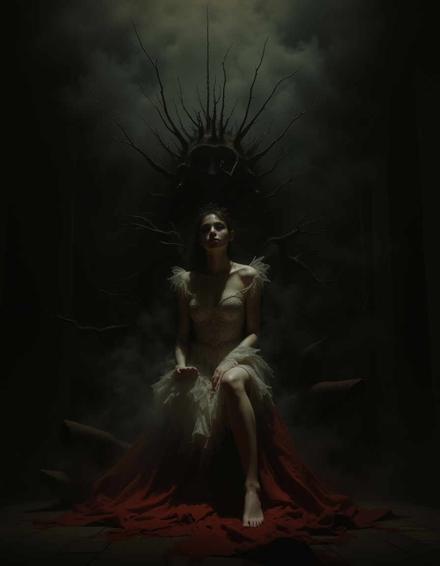 a high-quality, cinematic photo manipulation of a chilling female horror show, emphasizing the concept of (reality). The image features eerie lighting, dark shadows, and a sense of unease. A young beautiful is depicted in a haunting pose, evoking fear and suspense. She is barefoot. The setting is a surreal blend of disturbing elements that blur the line between reality and nightmare. This digital artwork explores the depths of human psyche, playing with the viewer's perception of what is real and what is imagined. The overall mood is highly atmospheric, drawing the audience into a world where the woman embodies the essence of fear itself. Perfect for fans of psychological horror and surreal art.
horror show
3th33r34l <lora:ethereal-grace:0.5>,  <lora:flux.1_lora_flyway_Epic-detail_v2:0.8>âââ