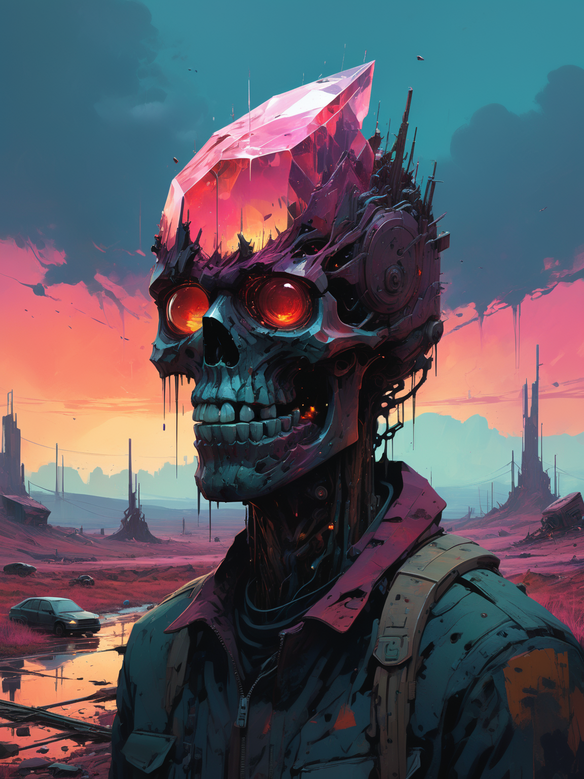 Imagine a speed paint of a crystal sculpture installation designed by Ismail Inceoglu and digitally enhanced by a digital ninja artist. These figures, having half their heads missing, emanate raw emotion with their empty eye sockets. Infused with a glitch style inspired by the Darkfall Sandman, the sculptures project distorted, vibrant hues playing with unusual colors. Set against a dystopian landscape reminiscent of Simon Stålenhag's art and detailed by Ryan Church, this art piece is best viewed in ultra-detailed CG perspective, revealing every intricate pattern and distortion for emotional effect.
<lora:xl_more_art-full_v1:1>