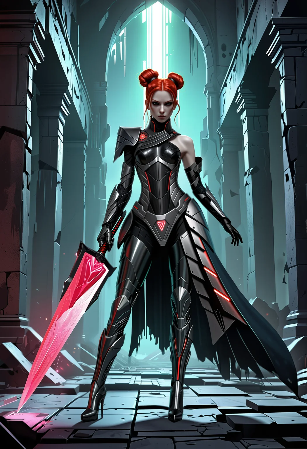A flat 2D minimalist concept artwork depicting a condemned rogue emanating profane grace and ethereal mystique. She is gripping a black steel-made machine-blade and resonance-mirror shield firmly, in a battle-ready stance. The sword's anthracite glowing blade has a double-edged edge sparking with energy. Her slender physique is clad in a gothic combat-wear outfit with a torn design, featuring a piece of cloth attached to only one shoulder, further underlining the asymmetrical design, paired with heretic seals carved into the surface. A black vapor is enveloping her elegant figure like a dark aura. A deconstructed design with open seams and detached parts pronounces the outfit's avant-garde style. She has luminescent ginger hair styled in cyberpunk twin-buns. Taking place within the collapsed halls hidden within haunted tech-ruins of inexplicable origins. Flickering screens displaying glitched anthracite data are loosely hanging onto the ruins' broken walls. With a menacing ambience accompanying the foreboding glow of the setting. The concept artwork's style is a messy speedpaint, characterized by rough color blocking, featuring flat designs with lineless shapes as well as free form. The color scheme is defined by clashing hues.