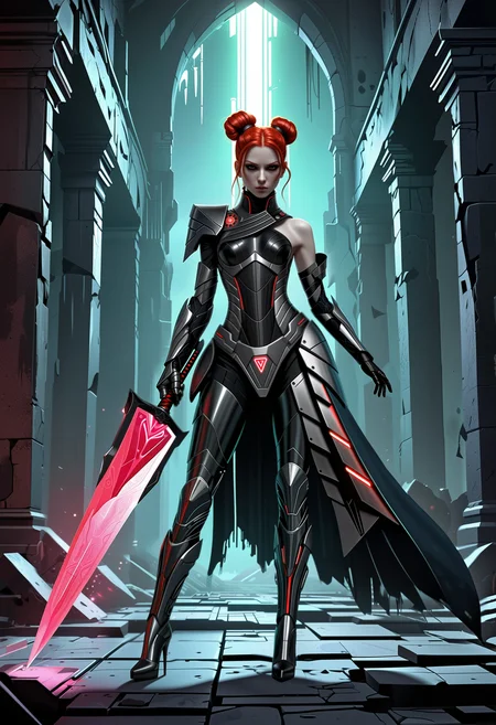 A flat 2D minimalist concept artwork depicting a condemned rogue emanating profane grace and ethereal mystique. She is gripping a black steel-made machine-blade and resonance-mirror shield firmly, in a battle-ready stance. The sword's anthracite glowing blade has a double-edged edge sparking with energy. Her slender physique is clad in a gothic combat-wear outfit with a torn design, featuring a piece of cloth attached to only one shoulder, further underlining the asymmetrical design, paired with heretic seals carved into the surface. A black vapor is enveloping her elegant figure like a dark aura. A deconstructed design with open seams and detached parts pronounces the outfit's avant-garde style. She has luminescent ginger hair styled in cyberpunk twin-buns. Taking place within the collapsed halls hidden within haunted tech-ruins of inexplicable origins. Flickering screens displaying glitched anthracite data are loosely hanging onto the ruins' broken walls. With a menacing ambience accompanying the foreboding glow of the setting. The concept artwork's style is a messy speedpaint, characterized by rough color blocking, featuring flat designs with lineless shapes as well as free form. The color scheme is defined by clashing hues.