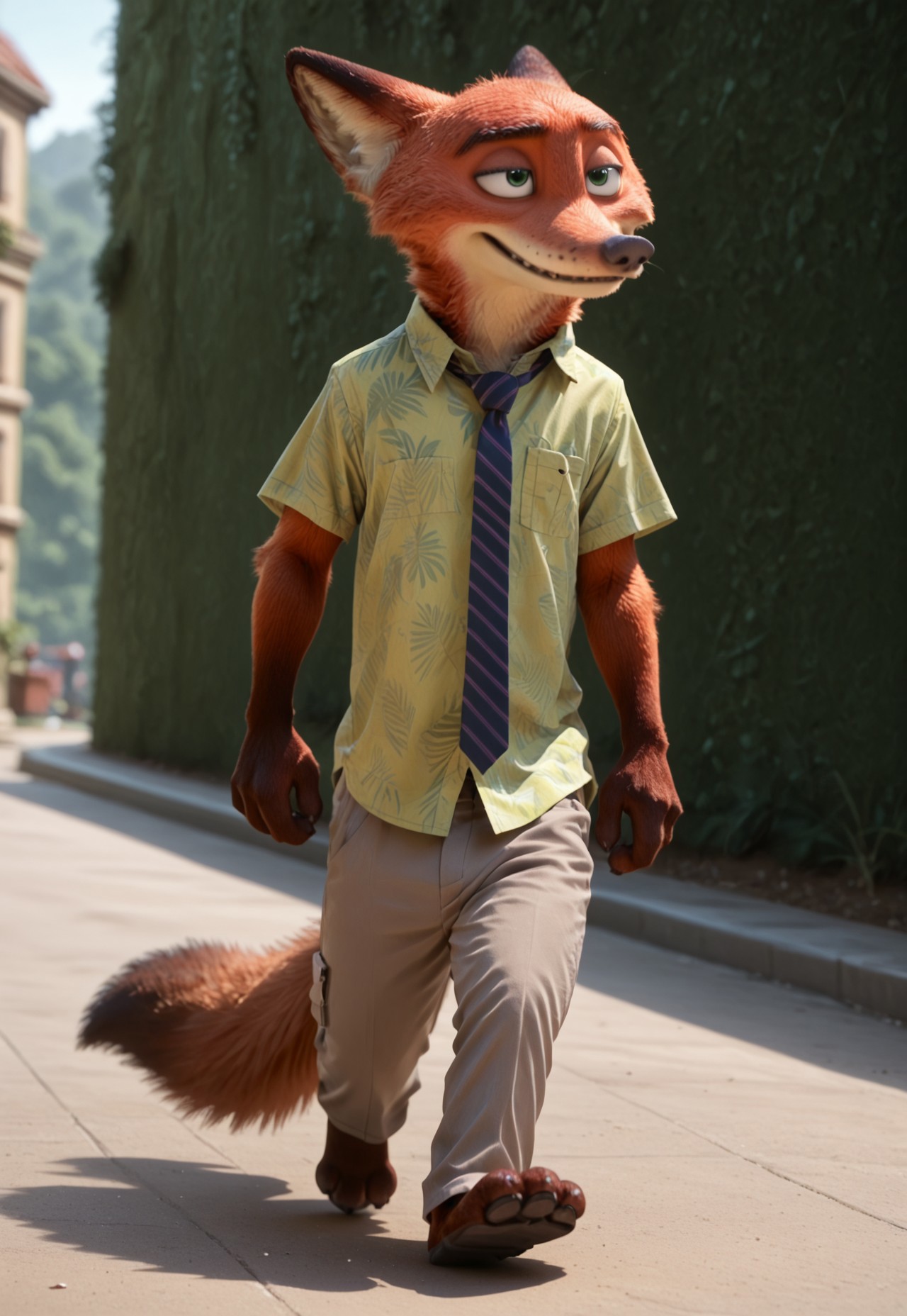 core_9, score_8_up, score_7_up, score_6_up, screencap, 4k, blurred background, highly detailed, green background, outdoors, full body, NickWilde, fox, solo, Green Eyes, Green Hawaiian Shirt, Tie, Tan Khaki Pants, walking, male, anthro, looking away