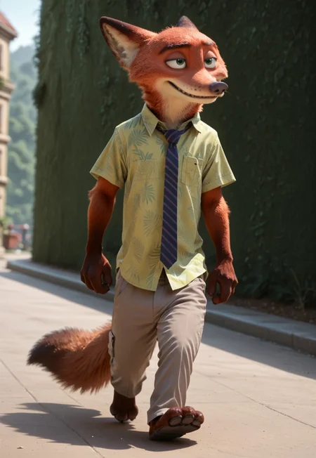 core_9, score_8_up, score_7_up, score_6_up, screencap, 4k, blurred background, highly detailed, green background, outdoors, full body, NickWilde, fox, solo, Green Eyes, Green Hawaiian Shirt, Tie, Tan Khaki Pants, walking, male, anthro, looking away