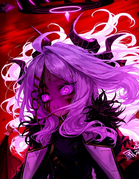 1girl, solo, long hair, looking at viewer, hair ornament, gloves, purple eyes, white hair, ahoge, horns, wings, hairclip, halo, coat, uniform, parted bangs, fur trim, blood, military, floating hair, military uniform, demon horns, wind, armband, black coat, open coat, demon wings, blood on face, wide-eyed, injury, double-breasted, fur-trimmed coat, coat on shoulders, multiple horns, sam browne belt, hina \(blue archive\), <lora:quasarcake:0.8>