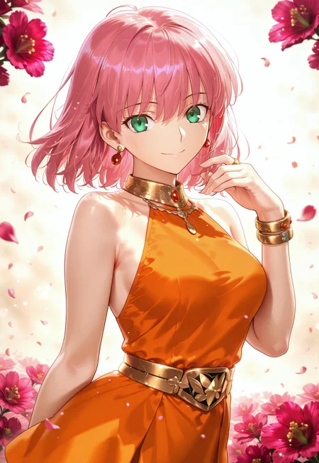 safe_pos, 1girl, lennact, pink hair, green eyes, medium hair, medium breasts,red earrings, gold collar, orange dress, sleeveless dress, short dress, gold belt, gold bracelet, portrait, smile, hand up, looking at viewer, flower, flower petals,