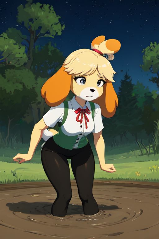 isabelle \(animal crossing\), (masterpiece, best quality:1.15), 1girl, solo, large breasts, high cheekbones, thick eyebrows, small mouth, looking to the side, leaning forward, adjusting clothes, tight leggings, green crop top shirt, starry nights, long hair, twin short braids, scared, partially submerged, struggling, farmland bog, quicksand