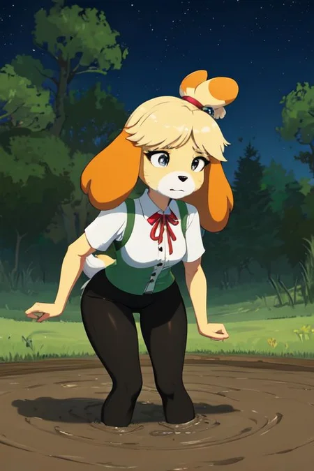 isabelle \(animal crossing\), (masterpiece, best quality:1.15), 1girl, solo, large breasts, high cheekbones, thick eyebrows, small mouth, looking to the side, leaning forward, adjusting clothes, tight leggings, green crop top shirt, starry nights, long hair, twin short braids, scared, partially submerged, struggling, farmland bog, quicksand