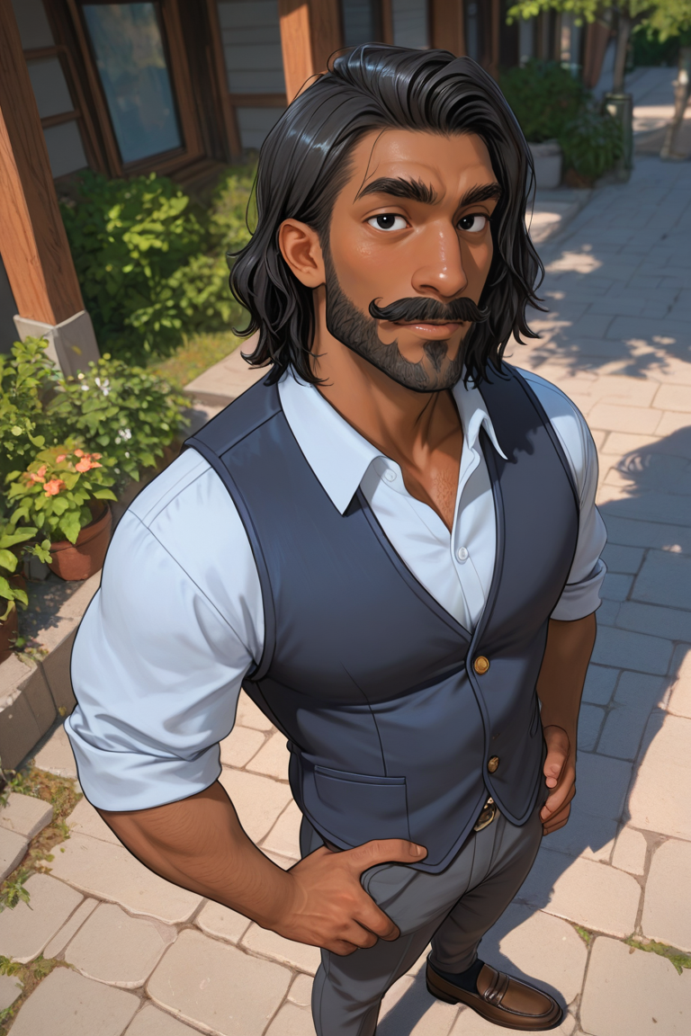 expressive manly face, shadow, dynamic angle, intricately detailed, depth of field, masterpiece, best quality, amazing quality, very aesthetic, absurdres, newest, very awa, 1boy, make focus, solo,coralraj,black hair,medium hair,dark skin,black eyes,facial hair,beard,mustache,thick eyebrows, blue collared shirt, grey vest, pants, brown loafers, looking at viewer, outdoors