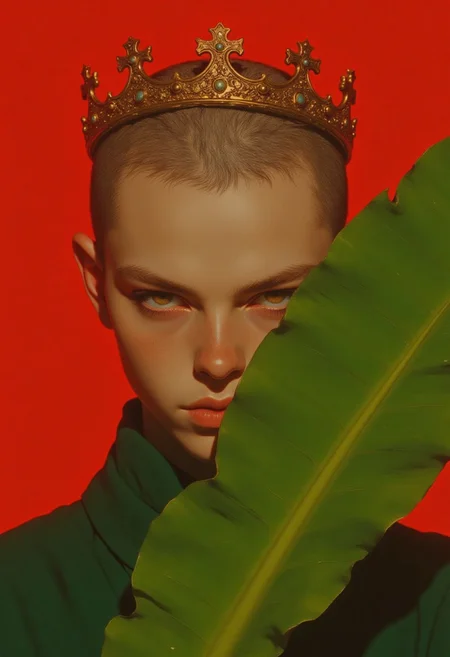 Nixport, a portrait of a boy, pale, trimmed hair, crown on head, green robe, green banana leaves partially obscuring the face, red background.