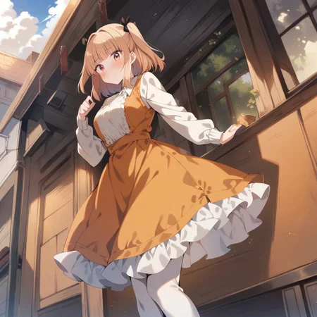 1girl, iijima yun, new game!, aged up, orange dress, frilly dress, outdoors, masterpiece, best quality, absurdres, very aesthetic