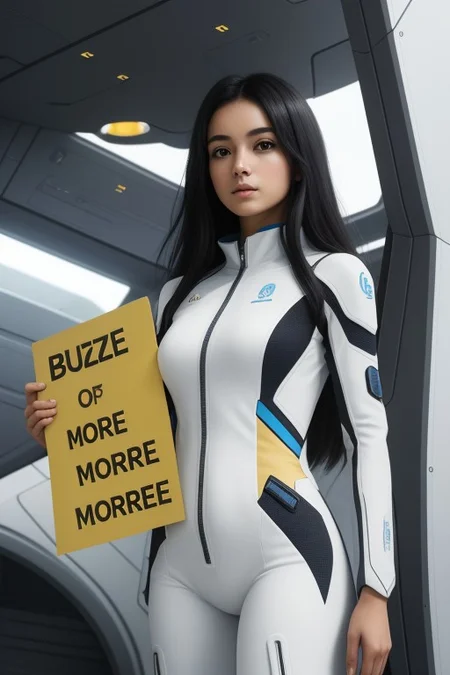 "score_9, score_8_up, score_7_up, score_6_up, realistic, photorealism, high definition, detailed, 1girl, solo, perfect face, cute face, round face, long black hair, golden eyes, clear skin, high-tech white outfit, (holding a sign that reads: 'More Buzz'), futuristic design, standing confidently, passionate eyes, (inside futuristic spaceship:1.2), face focus"