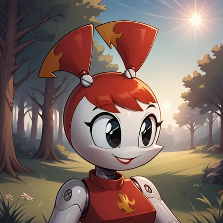 score_9, score_8, BREAK, Jenny Wakeman, XJ-9, Hot Rod Jenny, female, 1girl, solo, robot girl, red pigtails, flame pattern, red boots, red skirt, red tube top, white skin, red lips, black eyes, shiny skin, shiny hair, shiny clothing, sexy pose, self portrait, smile, outdoors, sunlight, shadows, evening lighting, natural lighting, forest, trees, grass, orange sky, sunset