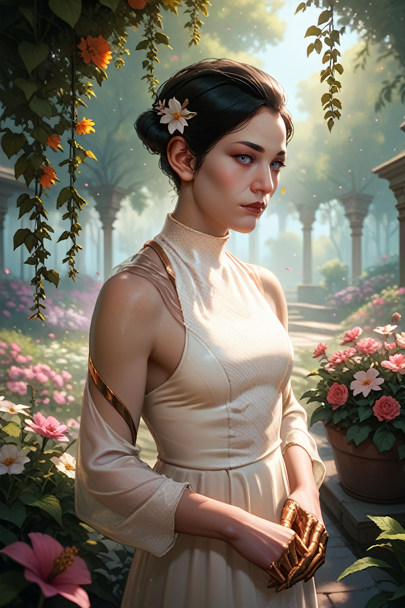 score_9, score_8_up, score_7_up, score_6_up
<lora:CyberHanako:1.0>
CyberHanako, 1girl, black hair, white eyes, looking at viewer, standing in a sunlit garden, surrounded by blooming flowers, soft focus background with bokeh, gentle breeze rustling through leaves, romantic and dreamy ambiance