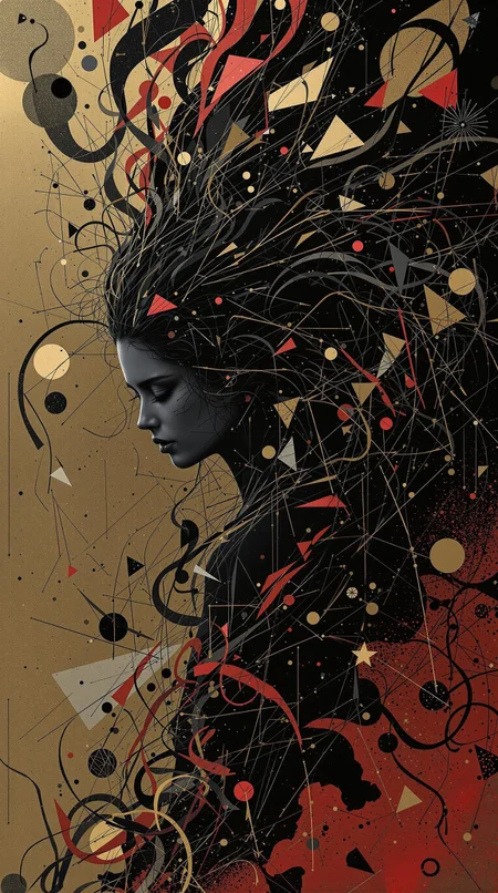 Hyper-realistic full-body artwork titled 'Synthesis,' inspired by I.A. Vepkhvadze (1976) and Yumihiko Amano. A hidden young woman in a dynamic pose, her form almost a silhouette, blending strong abstraction with hyper-detailed elements. Her long hair flows organically, merging with the tricolor organic background in shades of deep crimson, black, and gold.
The background is a chaotic yet harmonious mix of geometric patterns and organic shapes, evoking concepts like Möbius Cascade, Supernova Ripple, Luminous Fracture and Harmonic Collision. The woman's pose conveys pain and tension, her body twisted as if caught in an invisible force. Her figure is partially obscured, with sharp, angular lines cutting through her form, creating a sense of fragmentation and abstraction.
Lighting is dramatic, with stark contrasts between light and shadow, emphasizing the textures of her skin and hair. The overall composition is surreal yet hyper-realistic, blending emotional depth with mathematical and scientific symbolism. The atmosphere is intense, with a haunting beauty that draws the viewer into the woman's struggle and the abstract world around her.