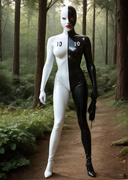 <lora:Ten_Batman_Beyond:1> tenbatmanbeyond, solo, lipstick, red eyes, breasts, red lips, makeup, bodysuit, no pupils, white bodysuit, black bodysuit, mask, boots, high heels, , realistic, photorealistic, portrait, score_9, score_8_up, score_7_up, (SUBJECT), highly detailed, high contrast, film grain, Rim Lighting, looking at viewer, masterpiece, best quality, high quality, (realistic anatomy), full body:1.2, front view, outdoors, forrest, trees, forrest background, ((pointy footwear:1.3)), (standing), 4k, highres, 8k, latex, BREAK, detailed background, detailed body, detailed face, centered