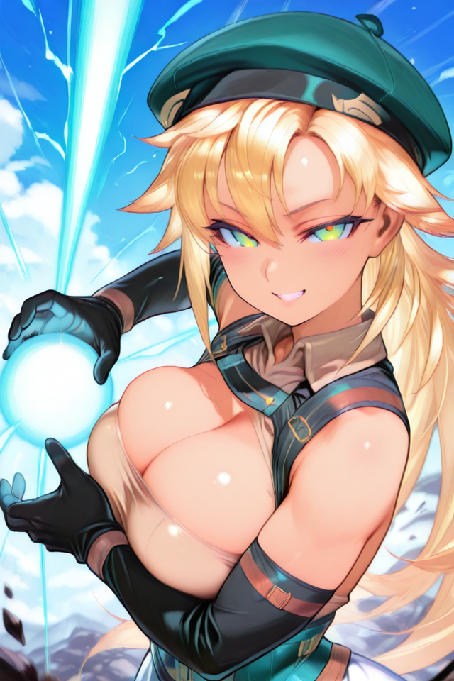 PonyScores, Expressiveh, (Fie Claussell), (Trails of Cold Steel), masterwork, very aesthetic, high resolution, ultra-detailed, absurdres, newest, (big breasts), (curvy:1.2), source_anime, eager, naughty face, (Detailed pupils, intricate pupil details, defined pupils, Intricate iris details, defined iris), (large expressive eyes), (big expressive eyes), blush, parted lips, ((beautiful round breasts:1.3)), sleeveless dress, (seductive smile), mystery, intrigue, toned, toned female, upper body, petite, skinny, bushy eyelaashes, long eyelashes, cleavage, underboob, detailed hands, (natural colors), voluptuous, long hair, green eyes, particles, portrait, looking at viewer, Body details, Character Details, Clothing Details, full lips, green beret, green corset, white skirt, brown top, bare shoulders, black gloves, elbow gloves, black boots, thighhigh boots, firelike aura, surrounding body, outdoors, sky, blue sky, (upper body), (big  ki, (big aura), giant glowing energy field, swirling energy, dynamic pose, energy ball in hand, exploding clothes, cloud, clenched teeth, torn clothes, (dark art:1.1), deep shadow, (dark theme:1.2), angry, glowing, flying debris, flying fragments, <lora:FieClaussellillusApexAi:1>, upper body, <lora:kamehameha [IL]:1>, kamehameha, energy ball, aura, realistic, blue aura, blue ki, blue energy, super saiyan, super saiyan 3, sparking aura, blonde hair, electricity, glowing, kamehameha pose, spiked hair, kamehameha_(dragon_ball), (powering up), (energy beam),