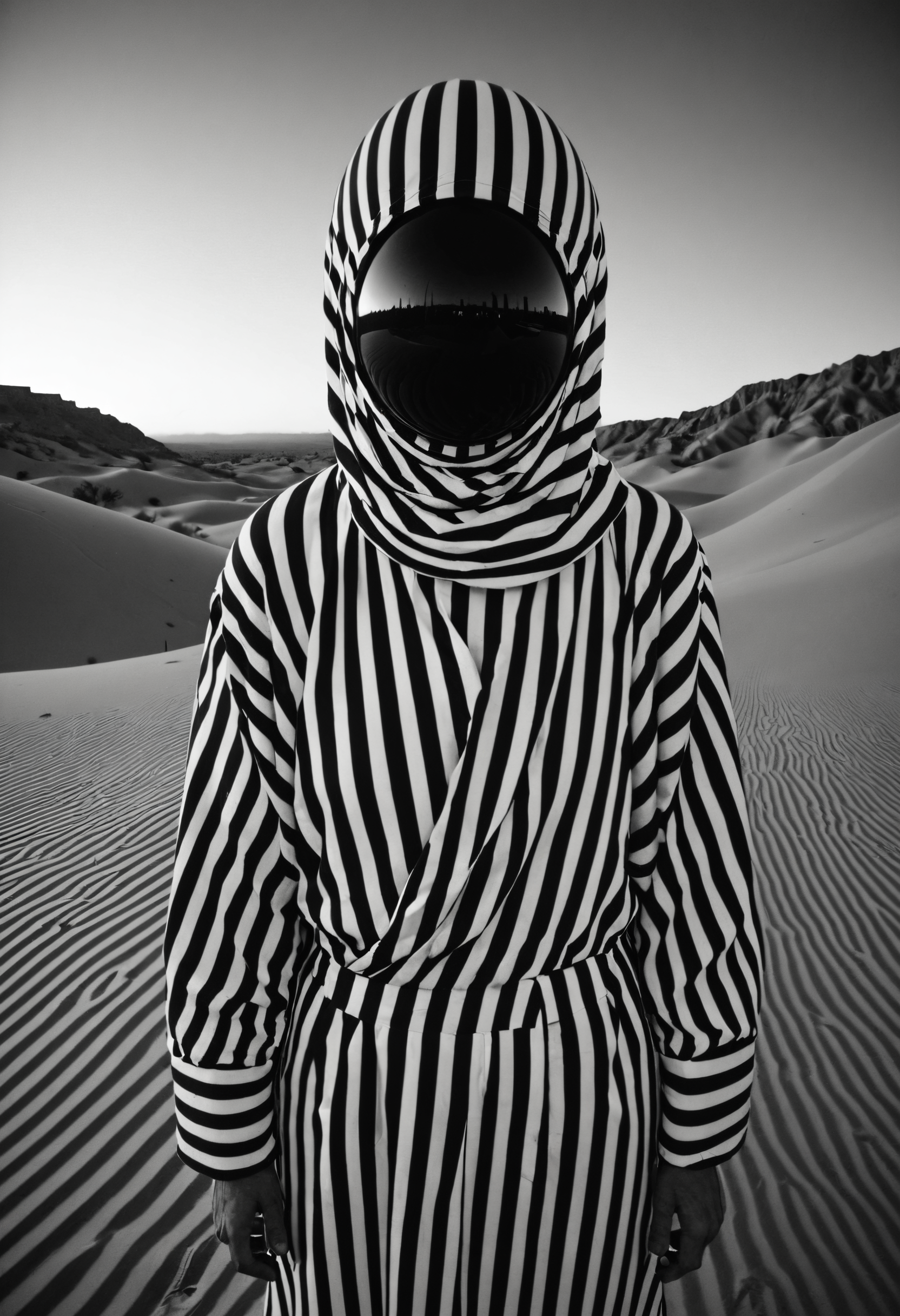 ghostly figure in  robes  made of Stripes,black sphere face, perfect bold lines, inifnity lines,  desertpunk,gopro shot <lora:bw-grig:1> <lora:zavy-cntrst-sdxl:0.3>, CHIAROSCURO,