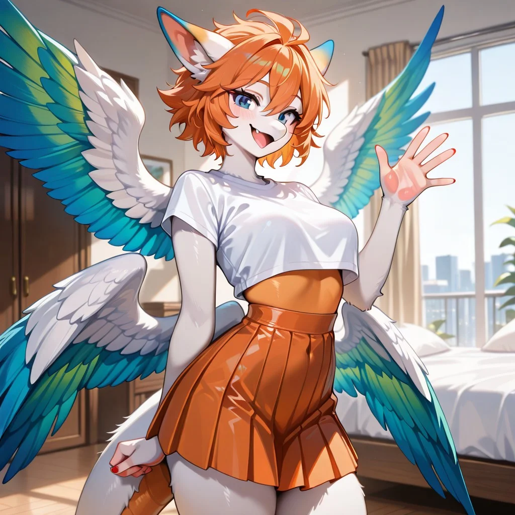 1girl, highres, absurdres, newest, masterpiece, best quality, furry, furry_female, flammie_mana, dragon, furred dragon, feathered wings, (four wings:1.5), color tipped wings, tail, red nails, white fur, ((hands, short hair, orange hair:1.3)), orange underbelly, blue tipped wings, blue eyes, spread wings, anthro, detailed eyes, (white crop top, pleated mini skirt, high waist, short top, white back slit skirt), (standing, waving), open_mouth, open mouth smile, luxurious detailed room, bright room, day scene, professional lighting, white bed, solo, bedroom, smiling, seductive, looking_at_viewer, masterpiece, close up, safe