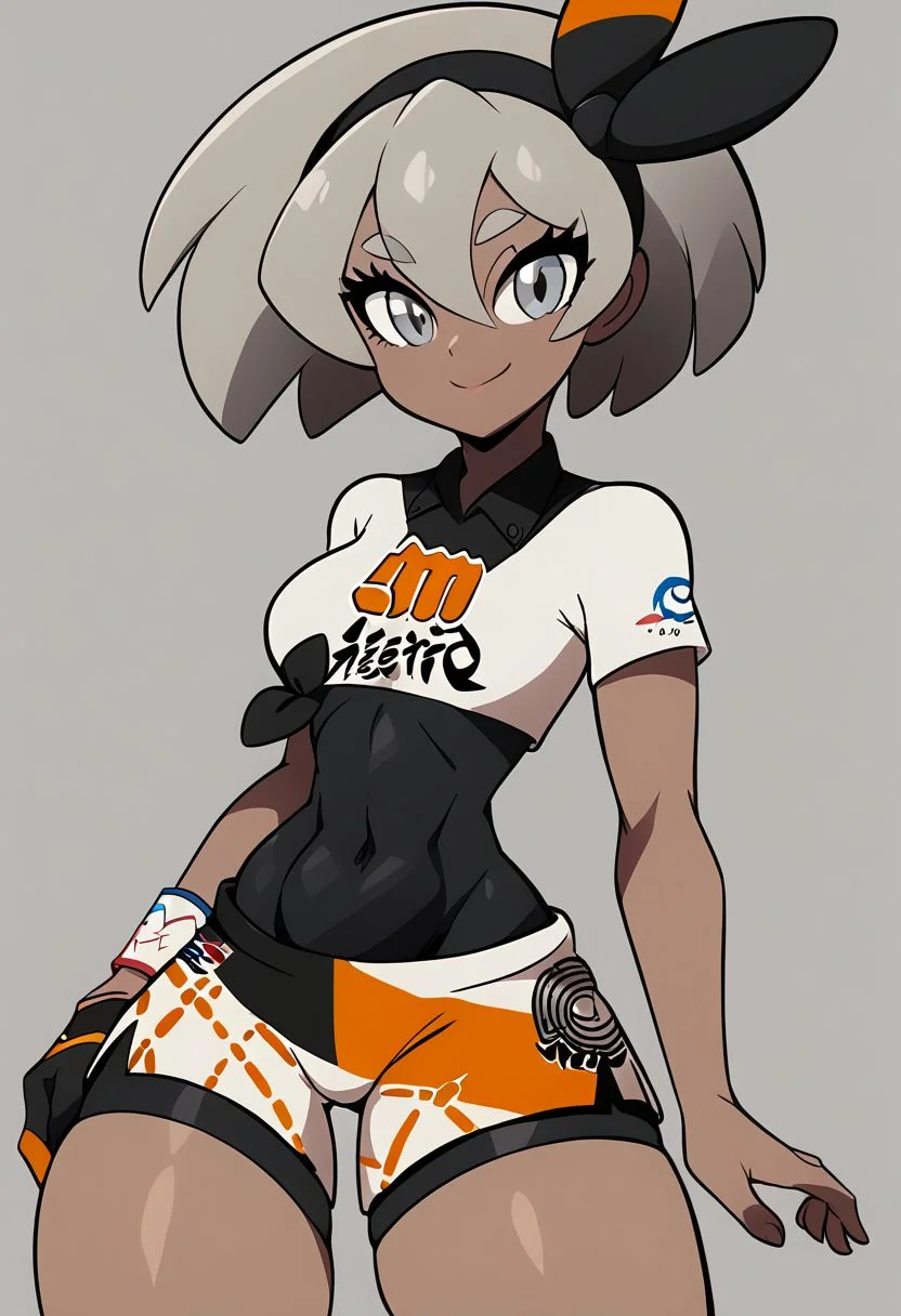 score_9, score_8_up, score_8, medium breasts, (curvy), cute, eyelashes,
zzbea, grey eyes, grey hair, shirt hair, hair between eyes, black hairband, dark-skinned female, crop top, print shirt, bodysuit, shorts, single glove,
smile, looking at viewer,
, zPDXL, p4st3lg0r3