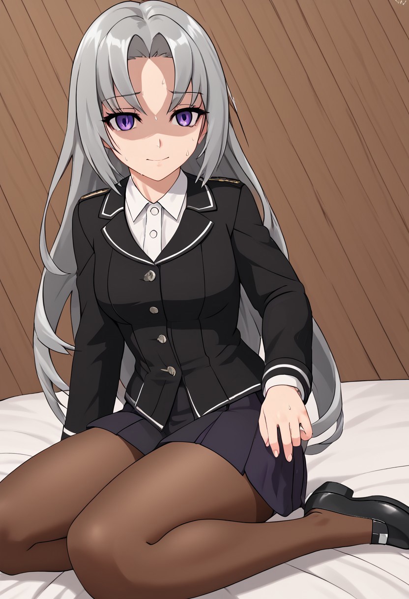 score_4,score_5,score_6,score_7_up,score_8_up,score_9
((masterpiece,best quality,ultra detailed,highres,HD,4k:1.2)),
1girl,solo,grey hair,long hair,Forehead,parted bangs,purple eyes,Droopy eyes,shaded face, Black jacket,long sleeves,white shirt,black skirt,pantyhose,brown pantyhose,black shoes, A wry smile, a troubled smile,sweat,