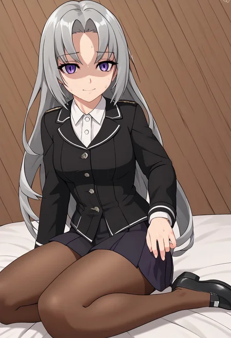 score_4,score_5,score_6,score_7_up,score_8_up,score_9
((masterpiece,best quality,ultra detailed,highres,HD,4k:1.2)),
1girl,solo,grey hair,long hair,Forehead,parted bangs,purple eyes,Droopy eyes,shaded face, Black jacket,long sleeves,white shirt,black skirt,pantyhose,brown pantyhose,black shoes, A wry smile, a troubled smile,sweat,