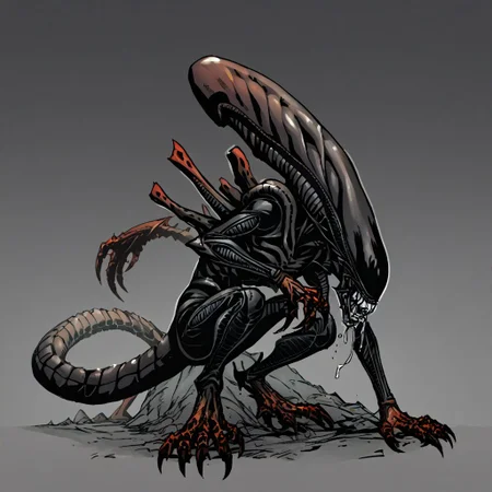 score_9, score_8_up, score_7_up, score_6_up, score_5_up, score_4_up, source_cartoon, BREAK, a xenomorph, teeth, claws, drool, masterpiece, best quality, full body, sketch, darkest dungeon, solid gray background, <lora:DarkestDungeon_hard:1> DarkestDungeon,