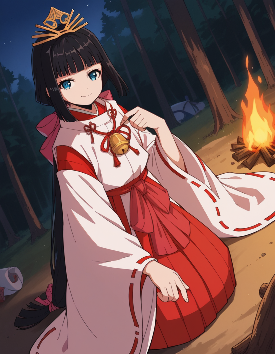 score_9, score_8_up, score_7_up, source_anime, <lora:nigewaka-shizuku-s1-ponyxl-lora-nochekaiser:1>, shizuku, long hair, bangs, blue eyes, black hair, blunt bangs,, japanese clothes, bell, miko, skirt, long sleeves, ribbon, wide sleeves, red ribbon, ribbon trim, hakama, hakama skirt, jingle bell, ribbon-trimmed sleeves, miko, red hakama,, camping, bonfire, tent, stargazing, marshmallows, forest clearing, night, smile, looking at viewer, from above,, solo,, cowboy shot, dutch angle