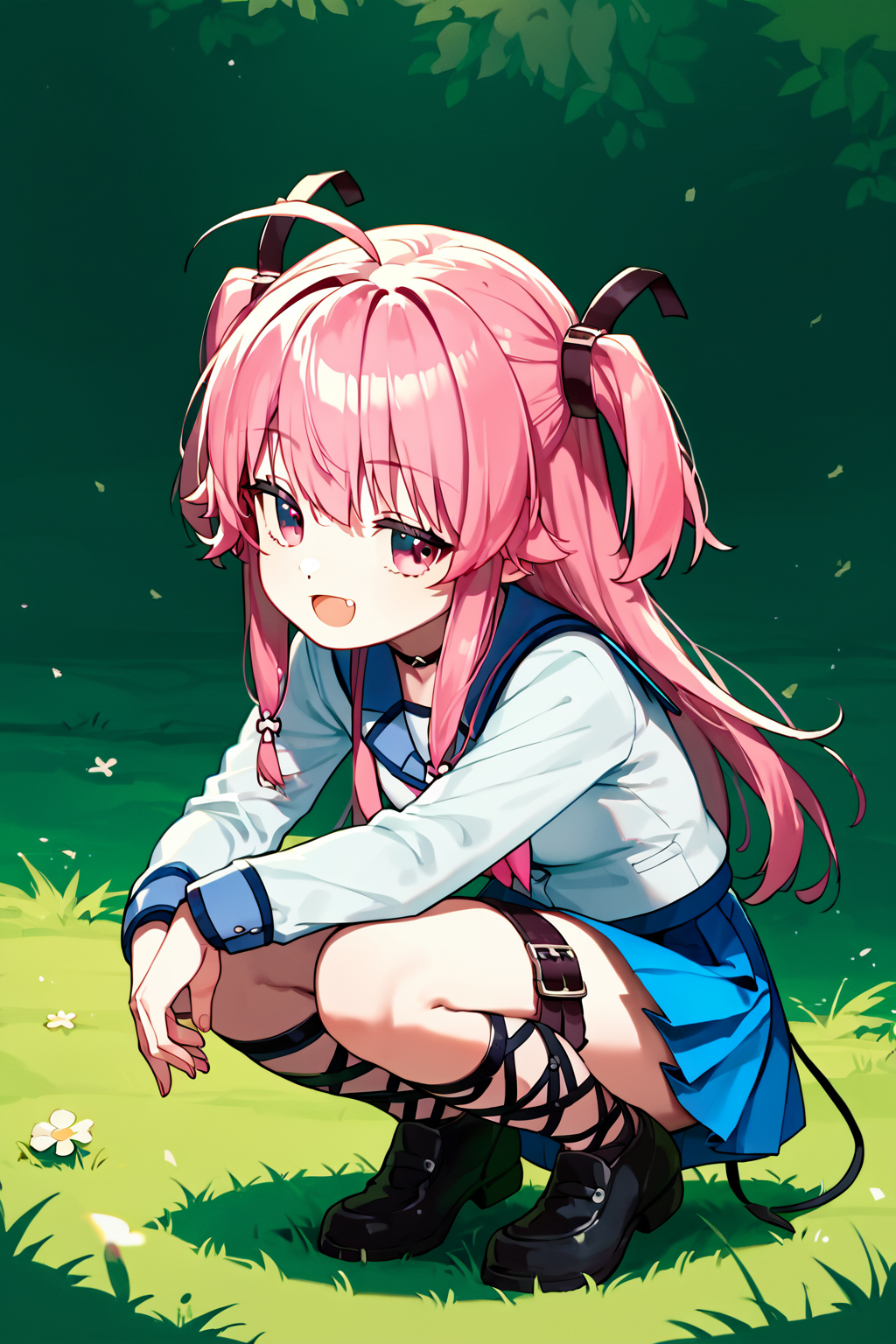 score_9, score_8_up, score_7_up, score_6_up, rating_safe, source_anime, best quality, masterpiece, detailed eyes, outdoors, grass, crouching, <lora:yuinyan-xl-06:1>, yuinyan, school uniform, lavender skirt, belt leggings, ahoge, two side up, pink eyes, open mouth, fang, small breasts, smug, half closed eyes, smile, (looking away),
