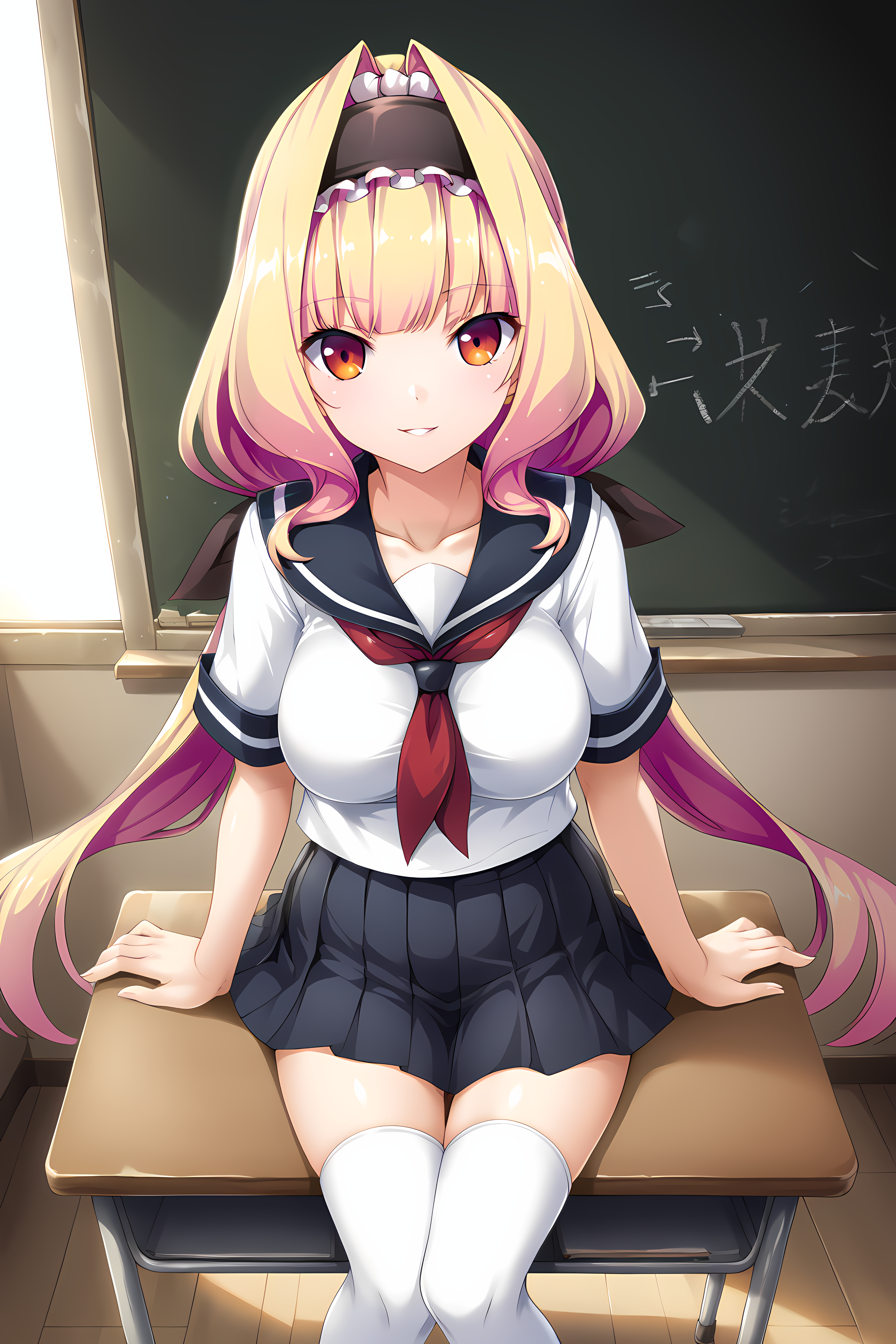 EXA-eyes,EXbackground,EXA,parted lips,smile,azarin,1girl,long hair,large breasts,blonde hair,orange eyes,schooluni,hairband,multicolored hair,very long hair,white thighhighs,skirt,bow,serafuku,hair bow,breasts,zettai ryouiki,pleated skirt,
BREAK <lora:EXS-TIA_MagicaAzarin_-_Lusterise:1>,from above,classroom,scenery,simple background,desk,chair,chalkboard,window,, score_9, score_8_up, score_7_up,source_anime,(masterpiece),(best quality),(ultra-detailed),(best illustration),(best shadow),(absurdres),(detailed background),(very aesthetic),source_anime