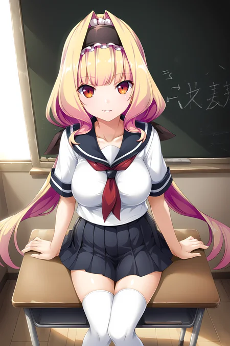 EXA-eyes,EXbackground,EXA,parted lips,smile,azarin,1girl,long hair,large breasts,blonde hair,orange eyes,schooluni,hairband,multicolored hair,very long hair,white thighhighs,skirt,bow,serafuku,hair bow,breasts,zettai ryouiki,pleated skirt,
BREAK <lora:EXS-TIA_MagicaAzarin_-_Lusterise:1>,from above,classroom,scenery,simple background,desk,chair,chalkboard,window,, score_9, score_8_up, score_7_up,source_anime,(masterpiece),(best quality),(ultra-detailed),(best illustration),(best shadow),(absurdres),(detailed background),(very aesthetic),source_anime