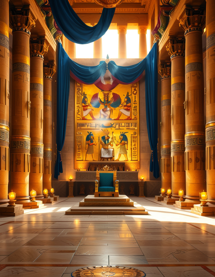 A grand and majestic ancient Egyptian throne room, illuminated by the warm glow of oil lamps and torches mounted on the intricately carved sandstone walls. The room is vast, with towering columns adorned with gold-inlaid hieroglyphs and bas-reliefs depicting gods such as Ra, Osiris, and Anubis, as well as scenes of royal ceremonies and offerings. The walls are covered with colorful frescoes, painted in deep shades of blue, red, and gold, telling the stories of ancient pharaohs and their divine rule.
At the center of the hall, an ornate golden throne rests atop a raised stone platform, accessible by a few steps. The throne is adorned with intricate carvings of winged sun disks, sacred cobras, and falcon motifs, symbolizing power and divine protection. The seat and backrest are encrusted with lapis lazuli, turquoise, and carnelian, creating a striking contrast against the polished gold. Two large stone statues of sphinxes flank the throne, their watchful eyes seeming to guard the empty seat of power.
The polished limestone floor reflects the flickering golden light of the torches, creating an almost mystical atmosphere. Large braziers shaped like lotus flowers release thin trails of fragrant incense smoke, adding to the sacred and mysterious ambiance of the room.
In the background, massive stone doors, partially open, reveal a glimpse of an open courtyard with palm trees and a distant view of the Nile River under a twilight sky. Through the high ceilings, small openings allow beams of moonlight to filter in, casting soft silver highlights across the chamber, blending with the warm tones of the torchlight.
The atmosphere is one of silence, mystery, and timeless majesty, as if the room has been left untouched for centuries, awaiting the return of a forgotten ruler.
<lora:SDXLFaeTastic2400:0.4> <lora:extremely_detailed:0.4> extremely detailed, <lora:ancient_Egyptian_thr0n3_r00m:1>,ancient Egyptian thr0n3 r00m, Masterpiece,best quality,hi res,8k,hi res,8k,award winning,(sharp focus, intricate, highly detailed),