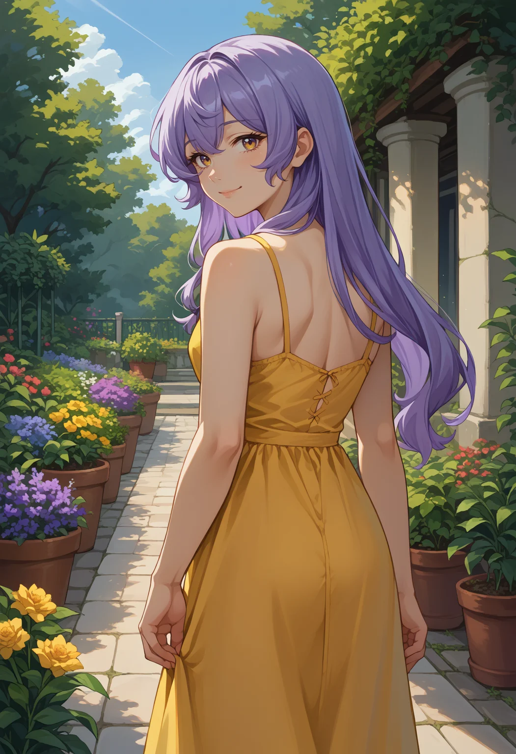 score_9, score_8_up, source_anime, 1girl, solo, BlkSwnHSR, purple eyes, yellow eyes, gradient eyes, purple hair, long hair, from behind, yellow sundress, garden, day, sunshine, smile, looking back, <lora:ChamBlackSwanPonyXL:1>