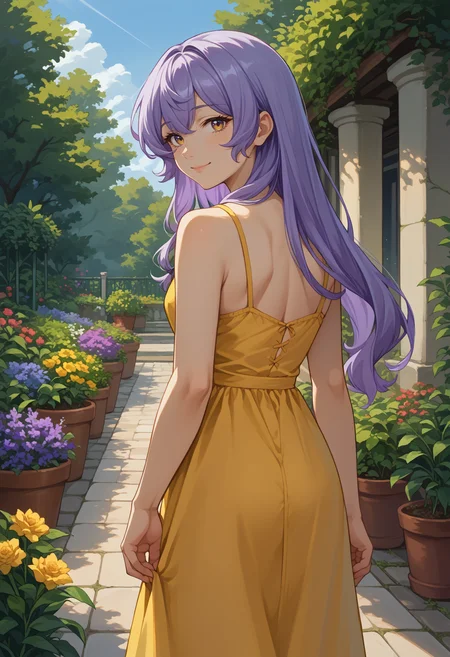 score_9, score_8_up, source_anime, 1girl, solo, BlkSwnHSR, purple eyes, yellow eyes, gradient eyes, purple hair, long hair, from behind, yellow sundress, garden, day, sunshine, smile, looking back, <lora:ChamBlackSwanPonyXL:1>