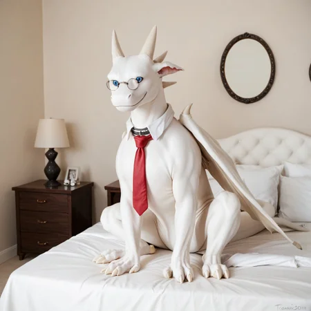 score_9, score_8_up, score_7_up, score_6_up, masterpiece, high quality, realistic, detailed, best quality, 1boy, solo, rating_safe, source_furry, bedroom, white bed, smiling, looking at viewer, friendly, on bed, negative_hand, remy_awsw, dragon, white scales, wings, horns, tail, claws, glasses, red tie, necktie, collar, blue eyes, male, 1boy, feral, full body
